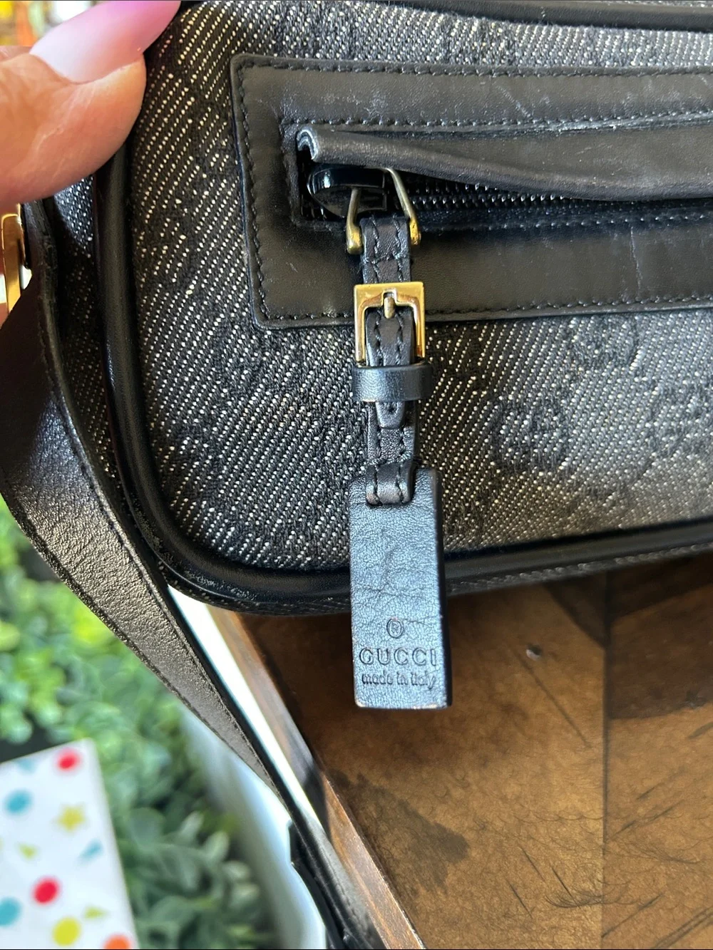 466. Gucci Black/Gray Monogram Belt Bag with Leather Trim w/coa